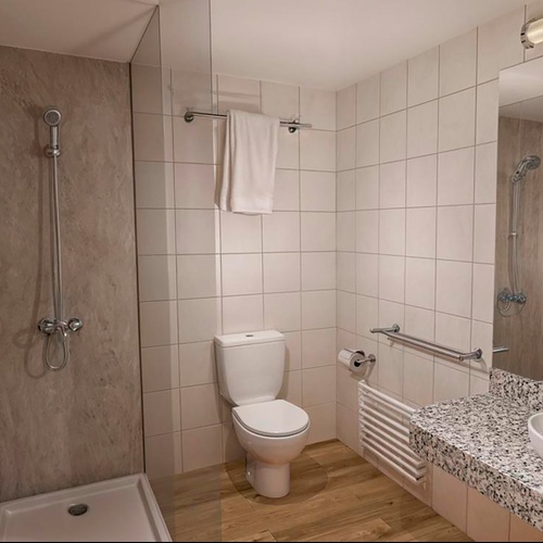 un baño con inodoro , lavabo y ducha