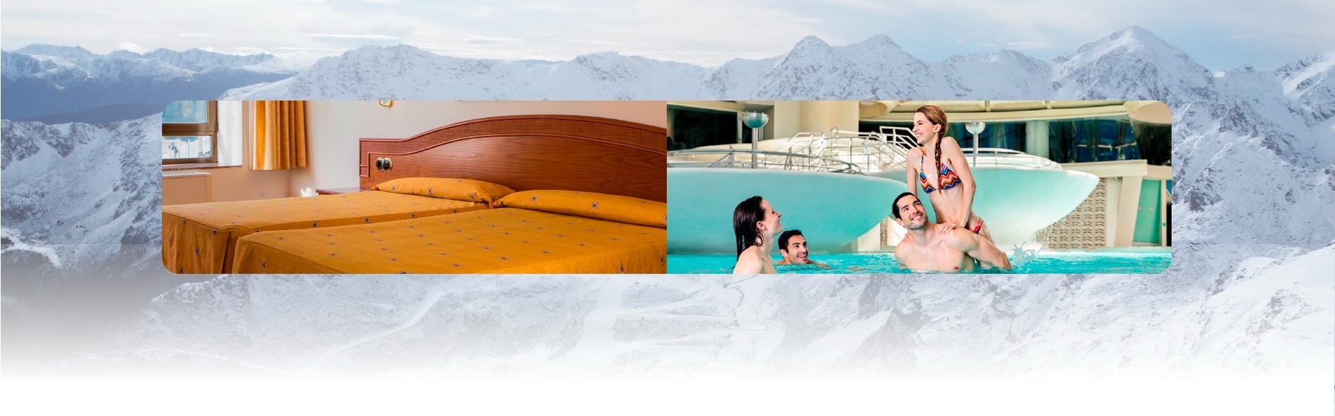 une photo d' une chambre d' hôtel et d' une piscine avec des montagnes en arrière-plan