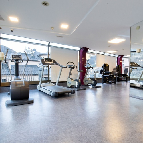 a gym with treadmills and exercise bikes