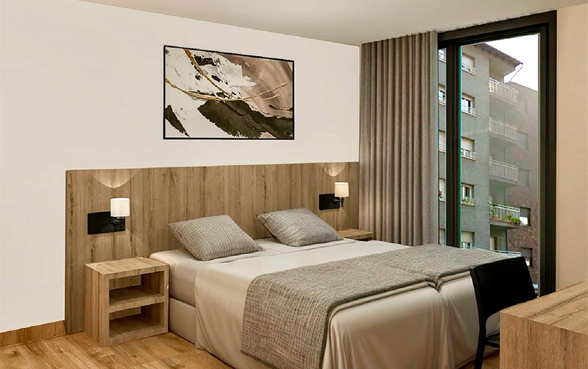 una habitación con una cama y una pintura en la pared