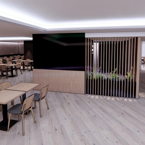 an artist 's impression of a restaurant with tables and chairs
