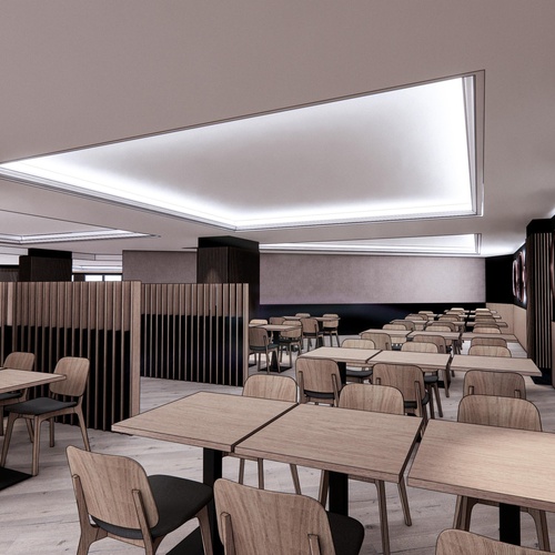an artist 's impression of a restaurant with wooden tables and chairs