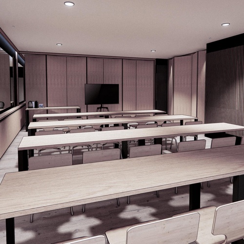 une image en noir et blanc d' une salle de conférence avec des tables et des chaises