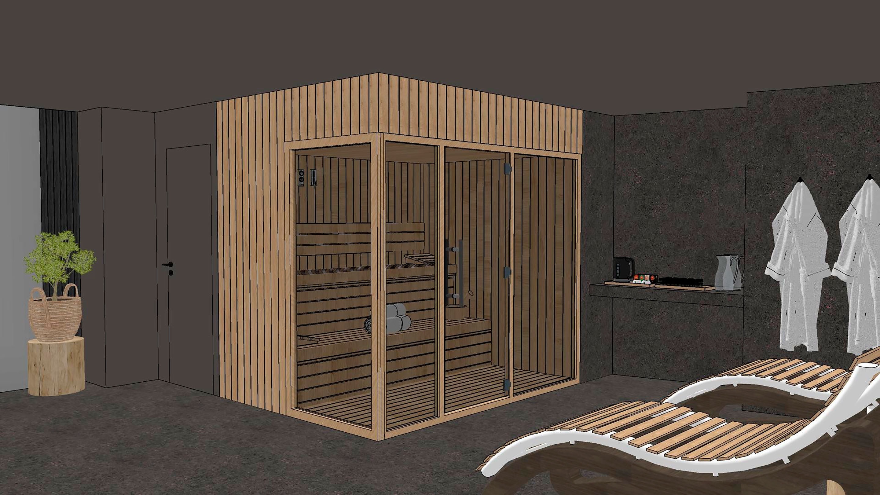 a drawing of a sauna with robes hanging on the wall