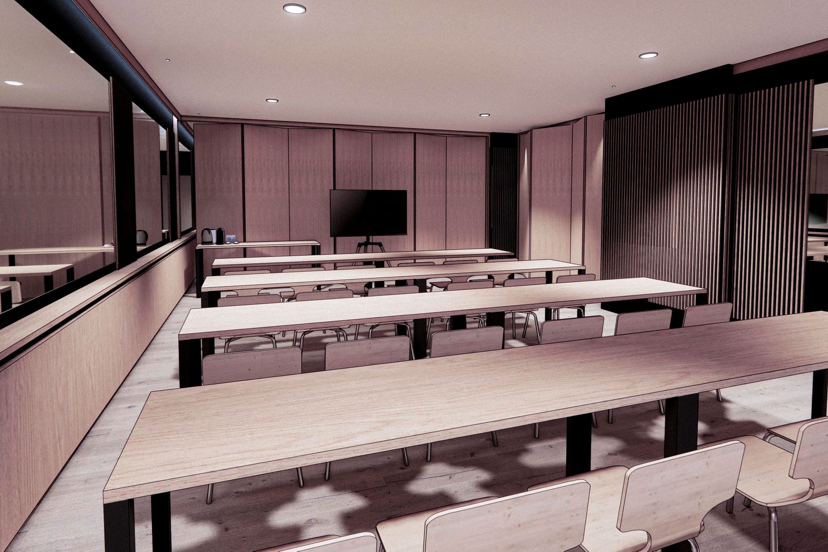 un dessin d' une salle de conférence avec des tables et des chaises