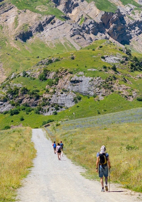 un grupo de personas camina por un camino de tierra en las montañas