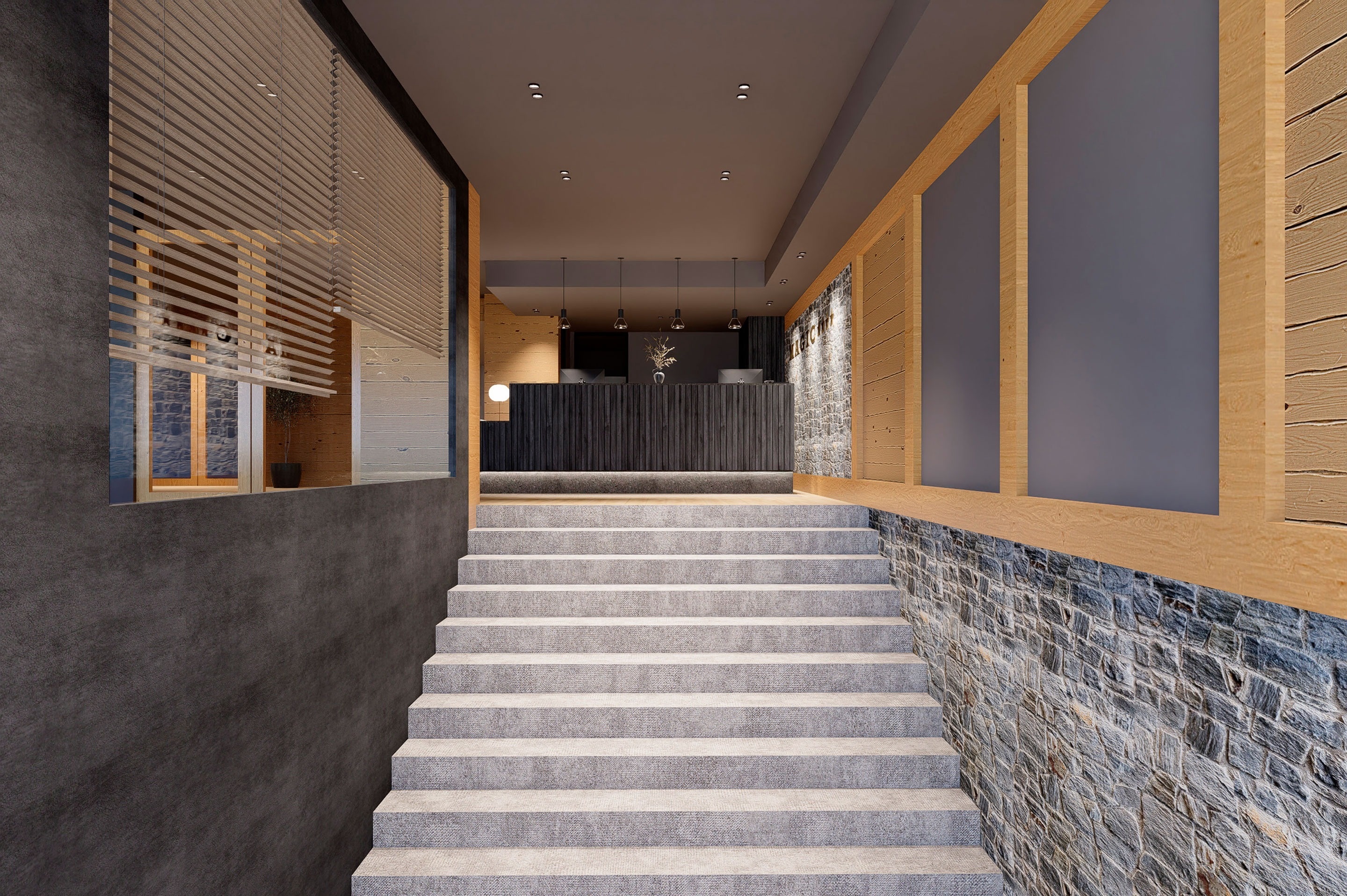 a set of stairs leading up to a reception desk