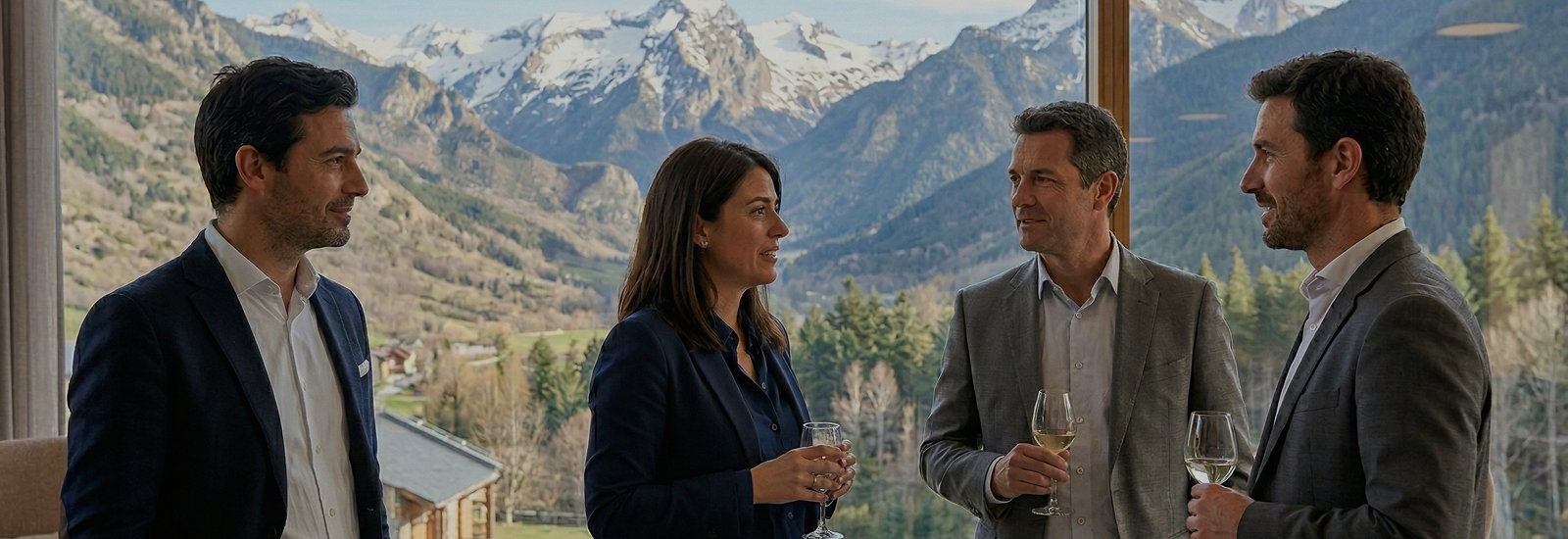 Des professionnels dégustent du vin avec vue sur les montagnes, idéal pour un séjour NEXTA: Corporativa.