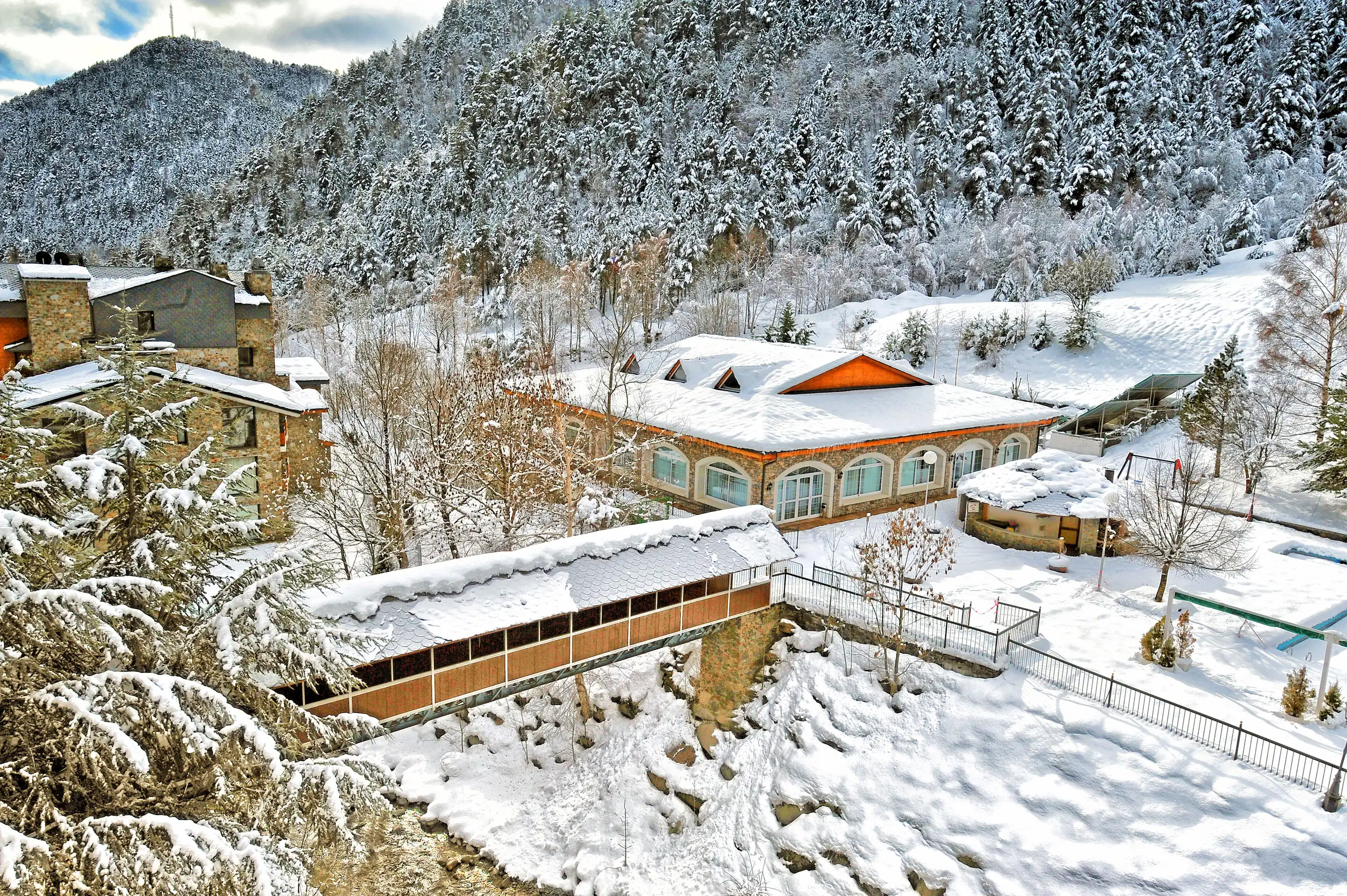 Hotel Hotel Sant Gothard | Hotel en Arinsal | Andorra | Nexta Hotels cubierto de nieve en montaña boscosa.
