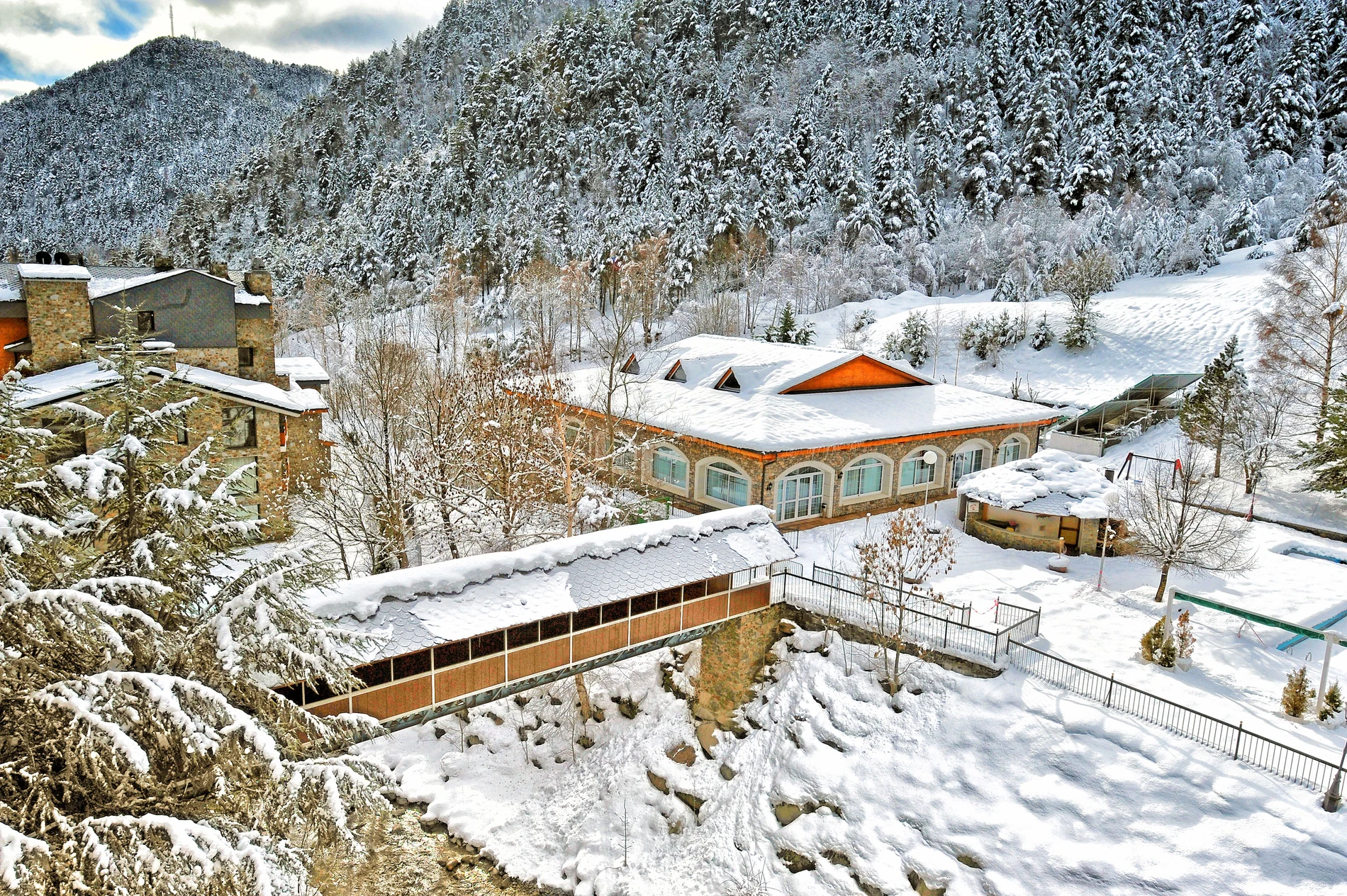 Hotel Hotel Sant Gothard | Hotel en Arinsal | Andorra | Nexta Hotels cubierto de nieve en montaña boscosa.