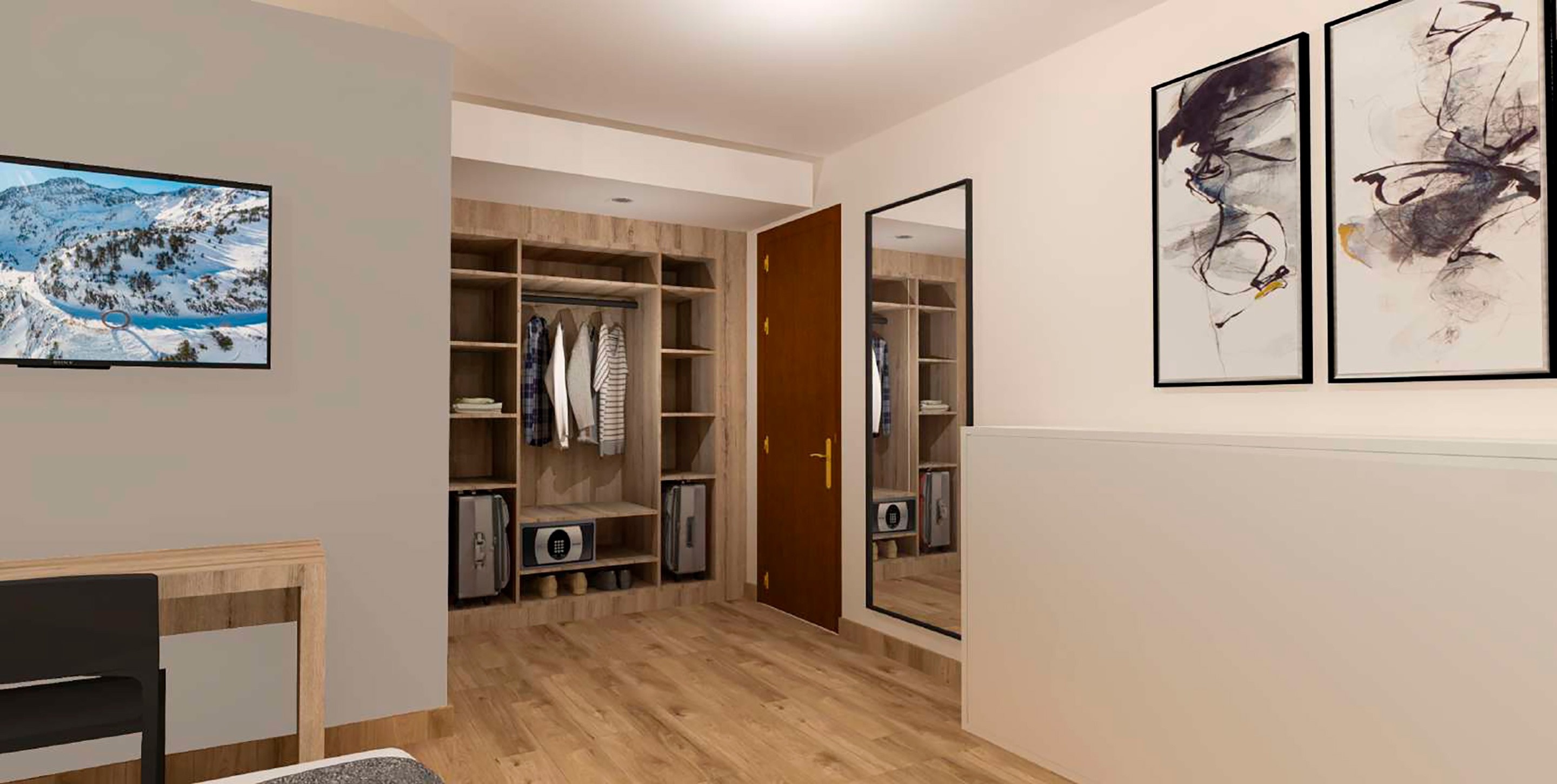 a bedroom with a closet and a flat screen tv