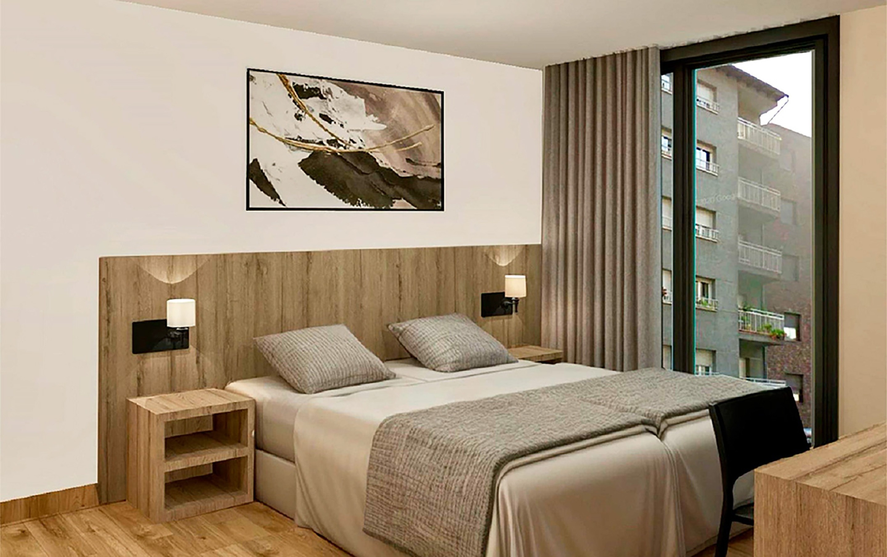 a bedroom with a painting on the wall above the bed
