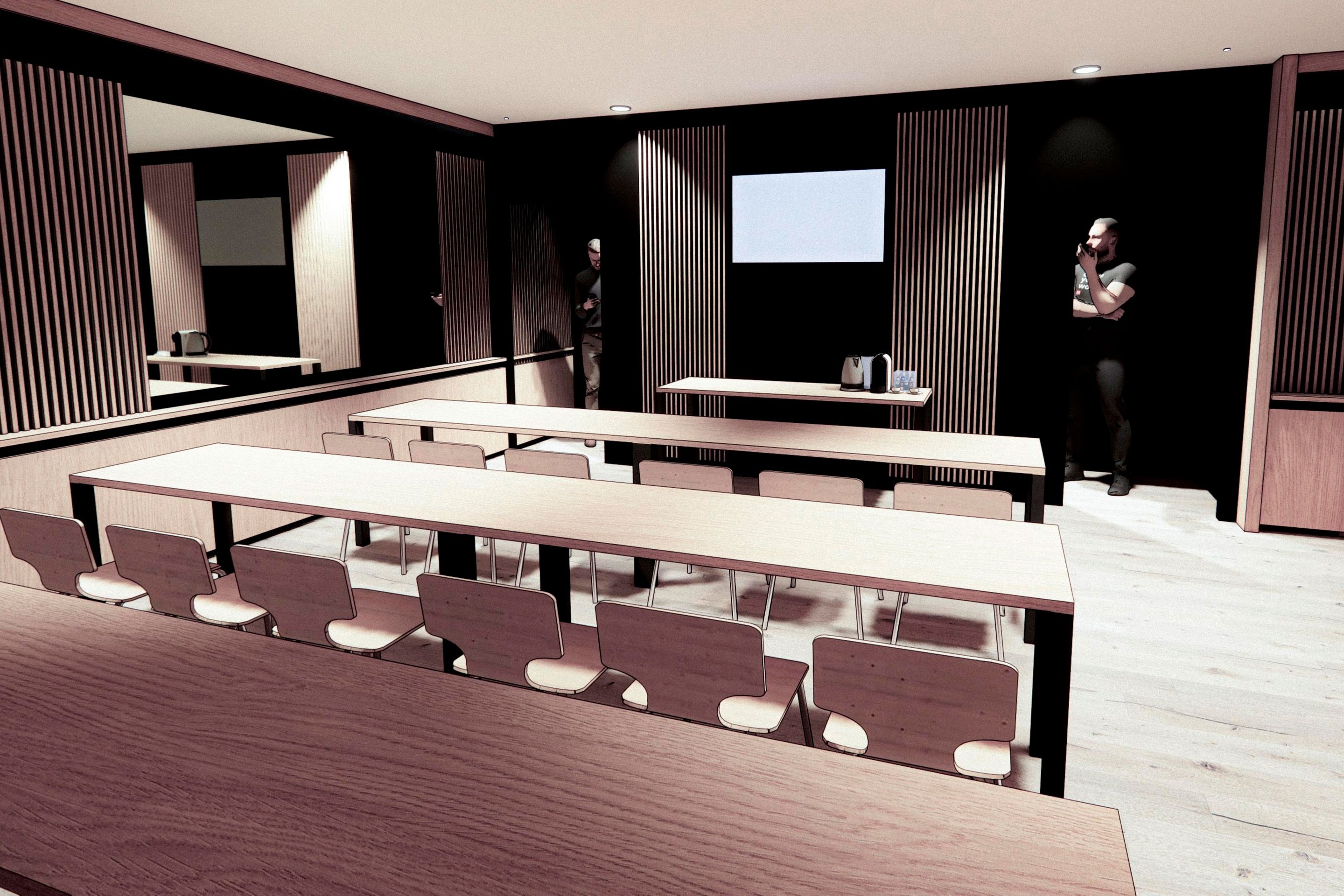 una imatge d' un saló de conferències amb taules i cadires