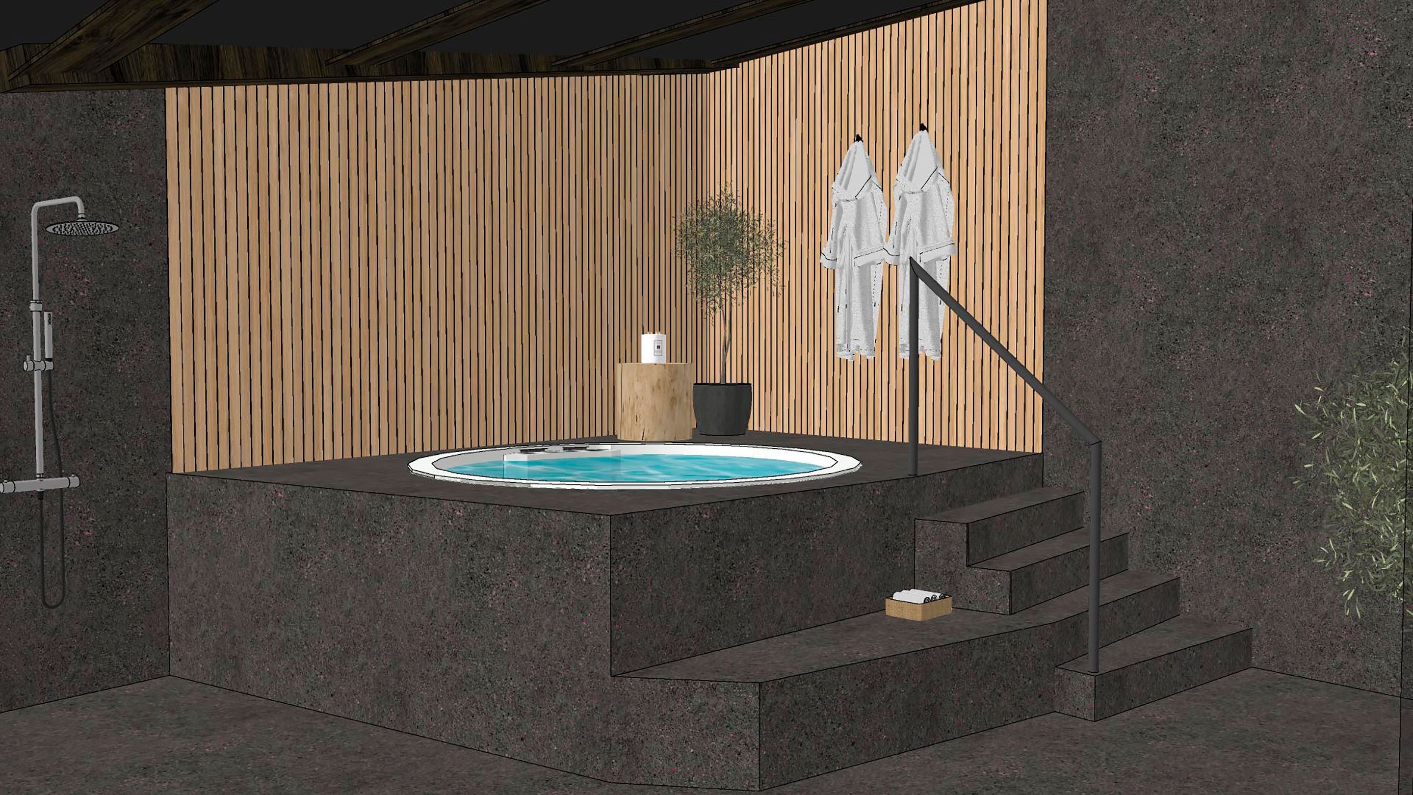 a drawing of a bathroom with a hot tub and stairs