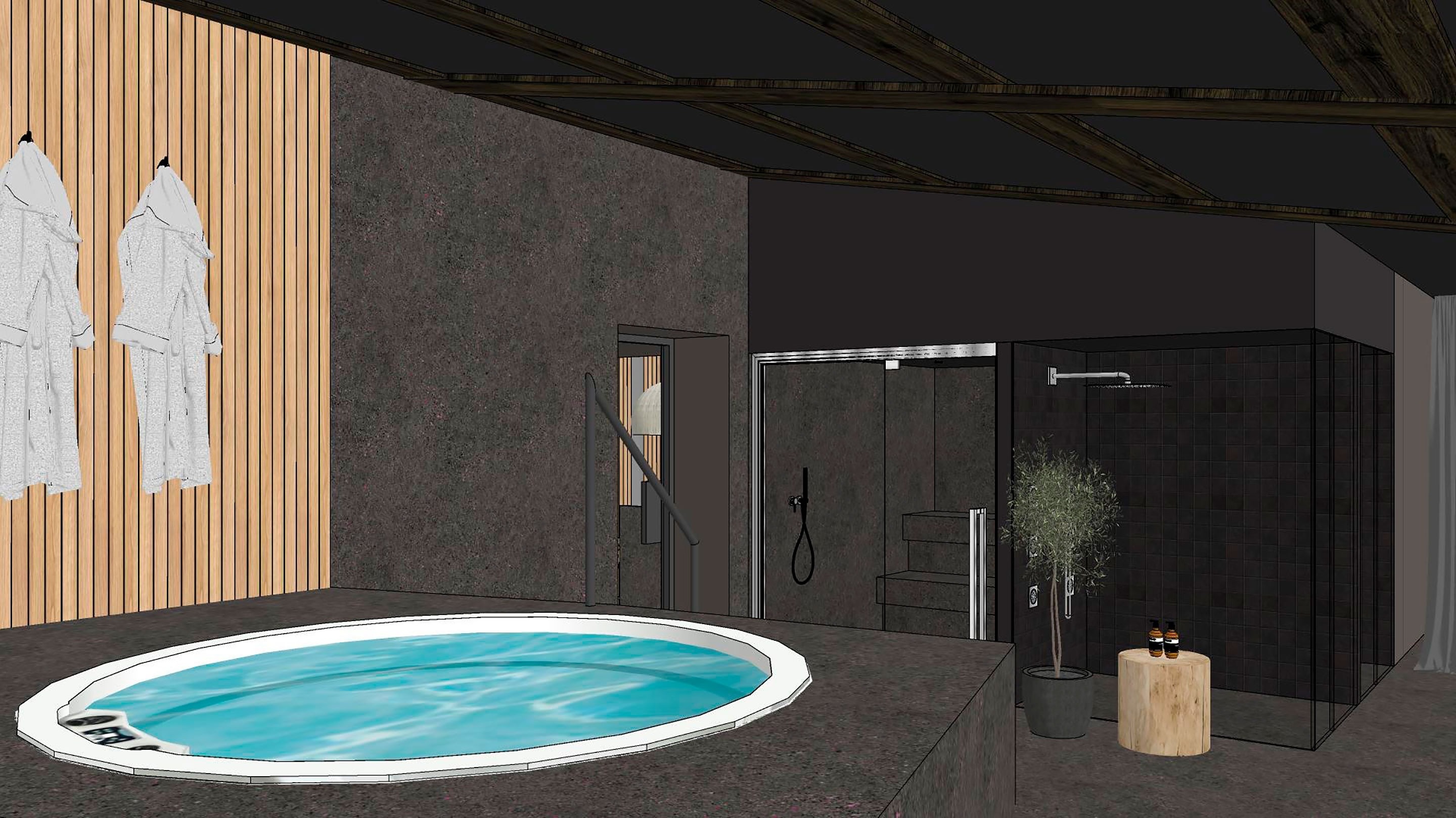 a drawing of a bathroom with a jacuzzi and a shower