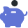 C'est une tirelire bleue en pixel art avec une pièce de monnaie foncée insérée dans sa fente.
