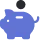 C'est une tirelire bleue en pixel art avec une pièce de monnaie foncée insérée dans sa fente.