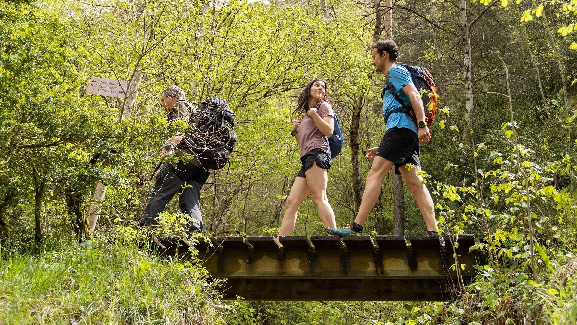 Hikers cross wooden bridge in forest, ideal for NEXTA: Corporativa events.