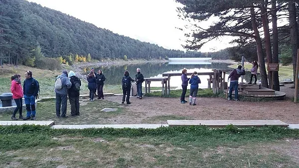 un grupo de personas se paran en la orilla de un lago