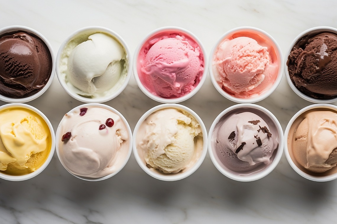 cuencos de helado de diferentes sabores están alineados en una fila