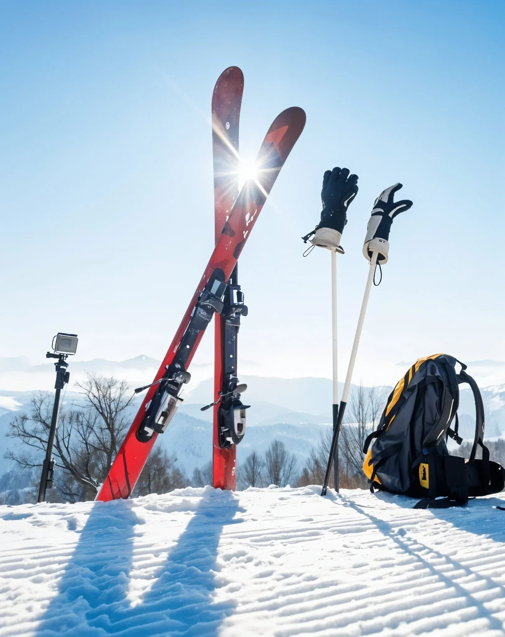 NEXTA: Skis et équipement de neige avec vue sur montagnes enneigées.