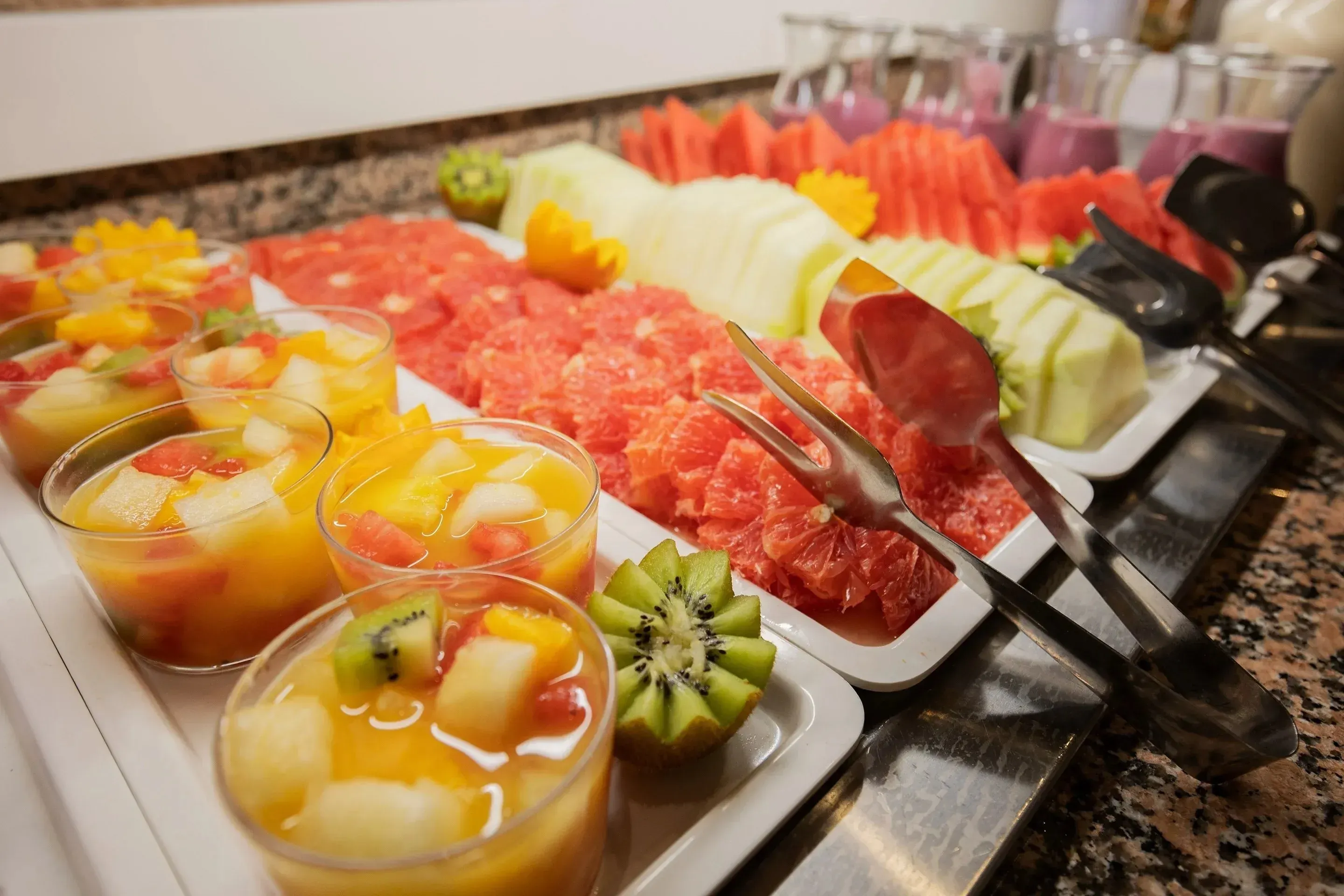 NEXTA Corporate breakfast buffet with fresh fruits and juices. NEXTA buffet.