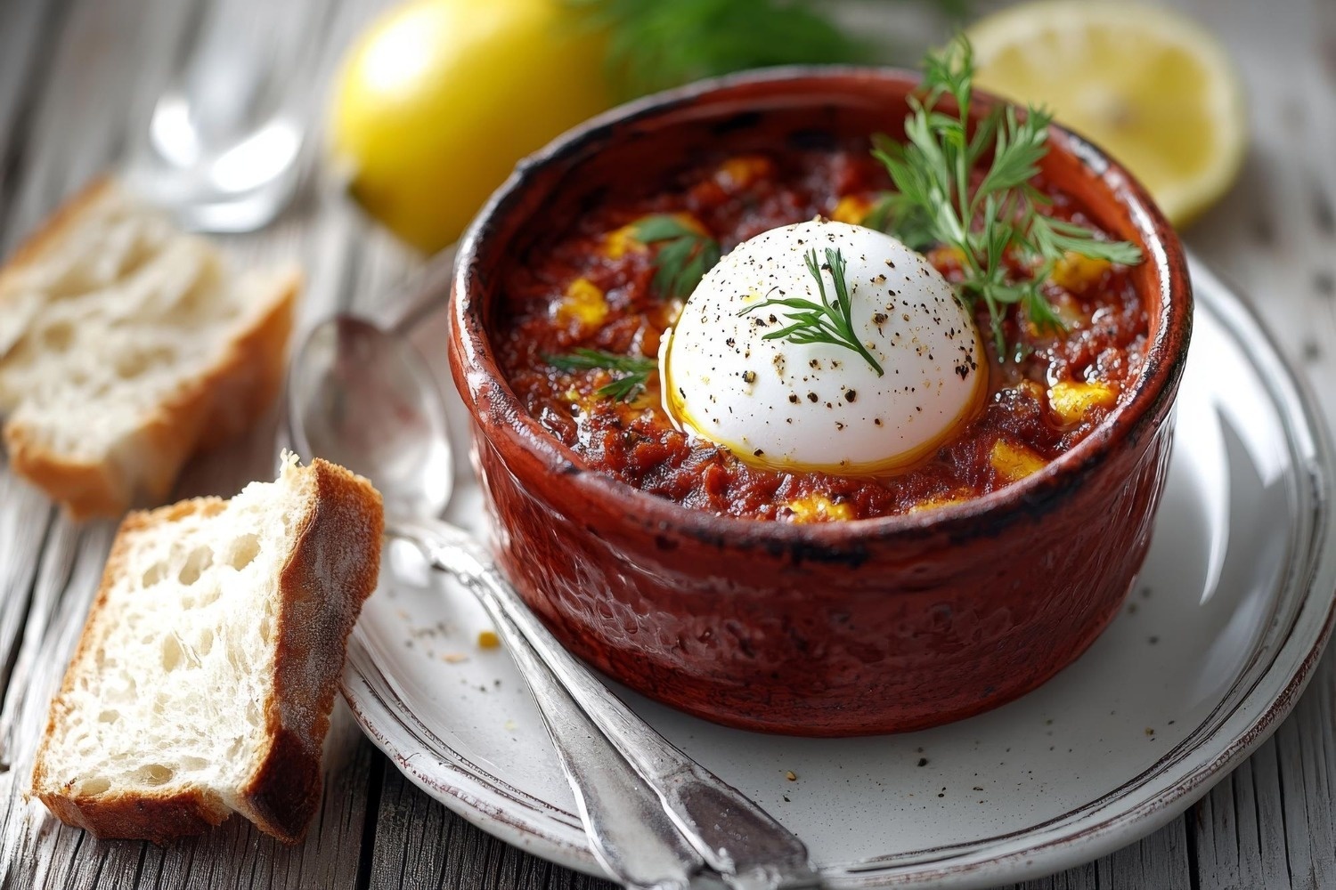 un plato de sopa con un huevo escalfado y un trozo de pan