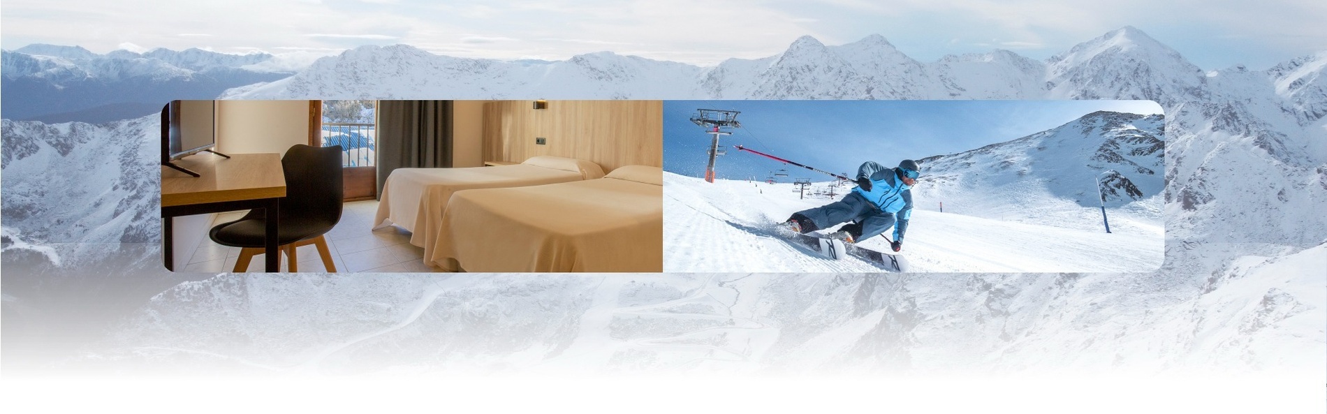 une photo d' une chambre d' hôtel et d' un skieur sur une montagne enneigée