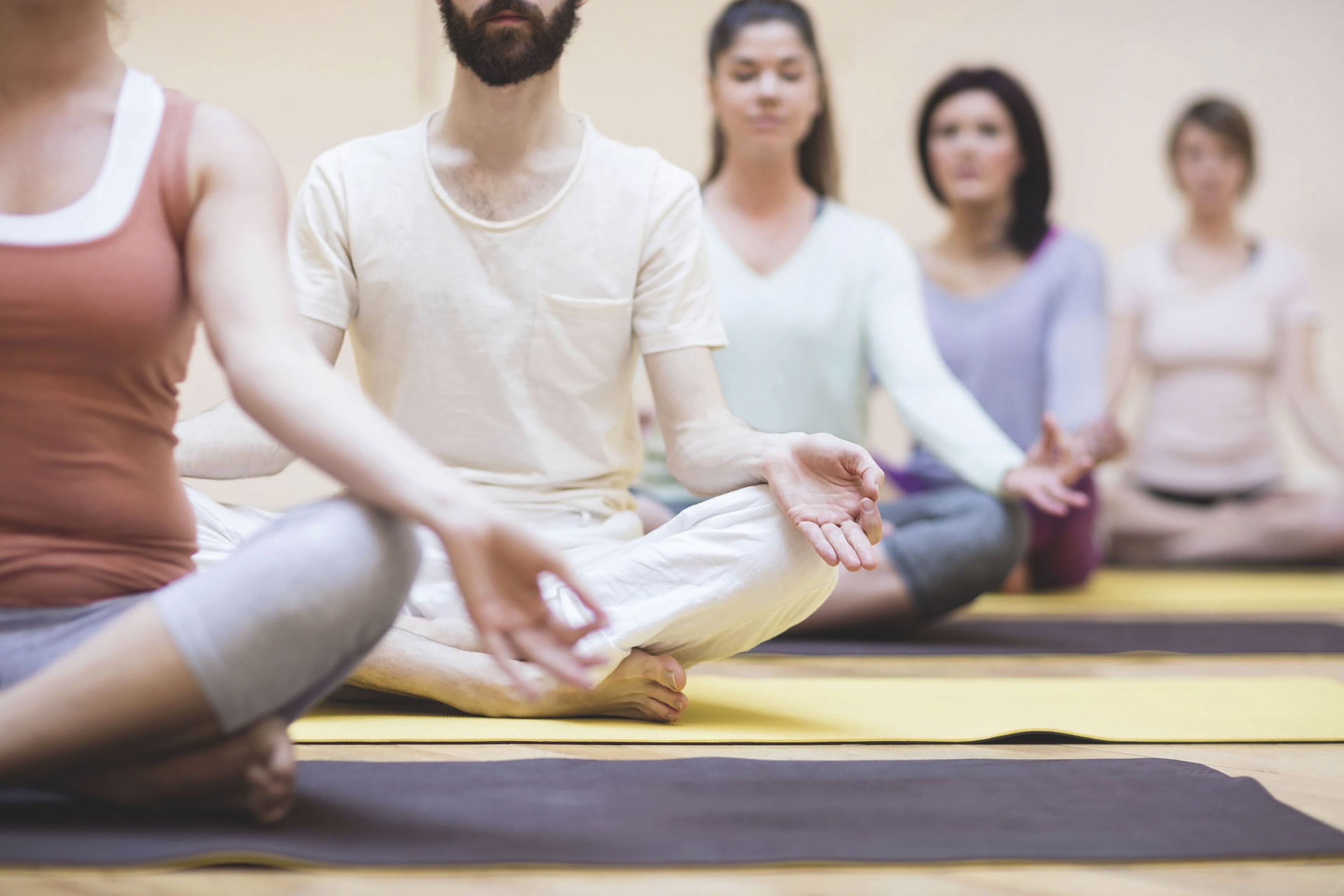 a group of people sit in a lotus position on yoga mats