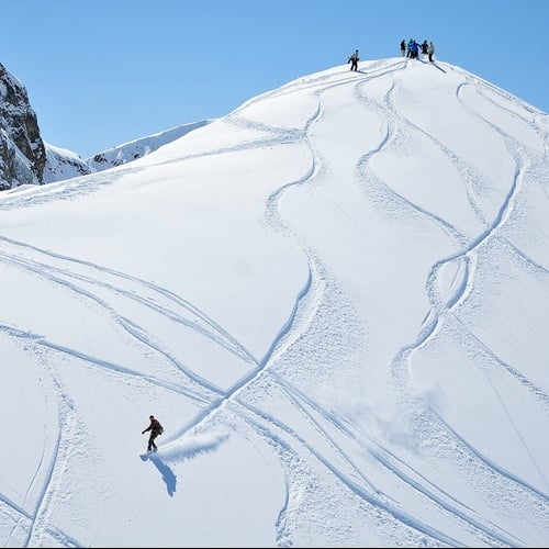 un grupo de personas están en la cima de una montaña cubierta de nieve