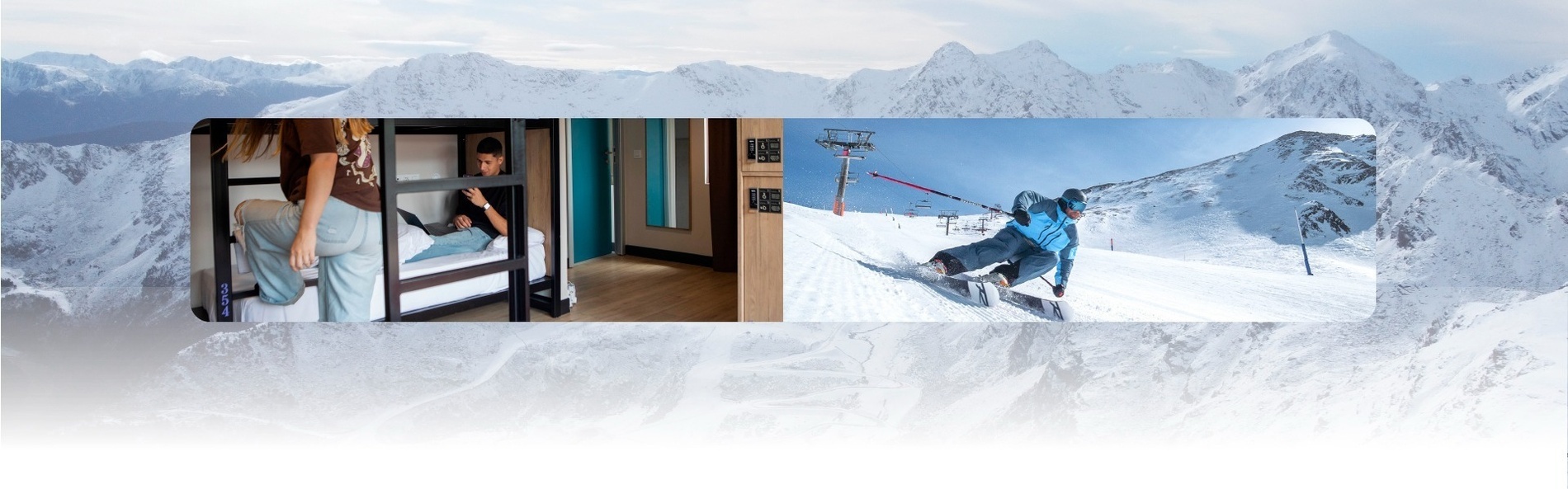 a woman in a bunk bed next to a snowboarder on a snowy mountain