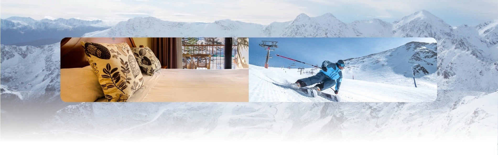 a picture of a hotel room and a picture of a person skiing