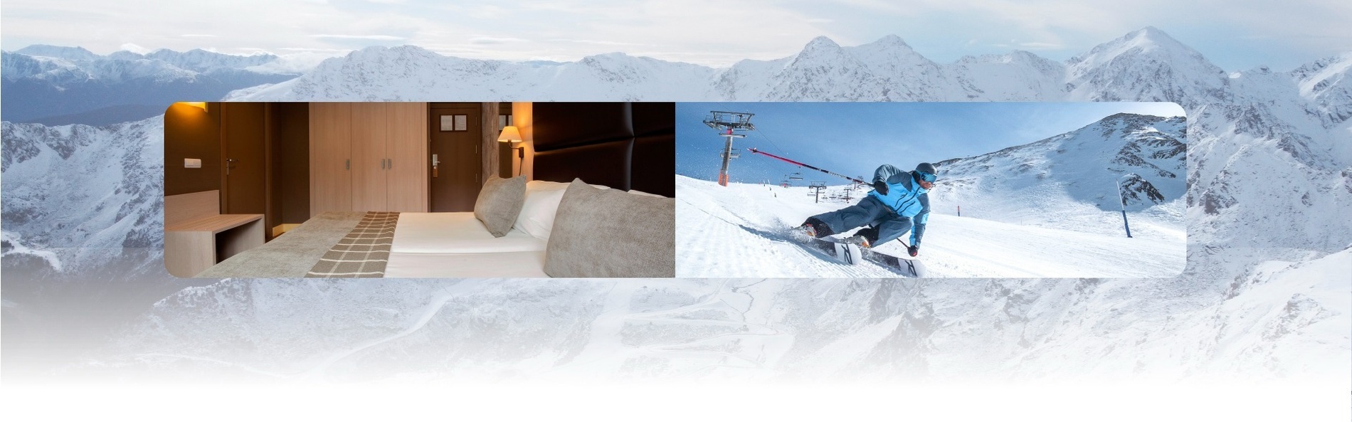 une photo d' une chambre d' hôtel et d' un skieur sur une montagne enneigée