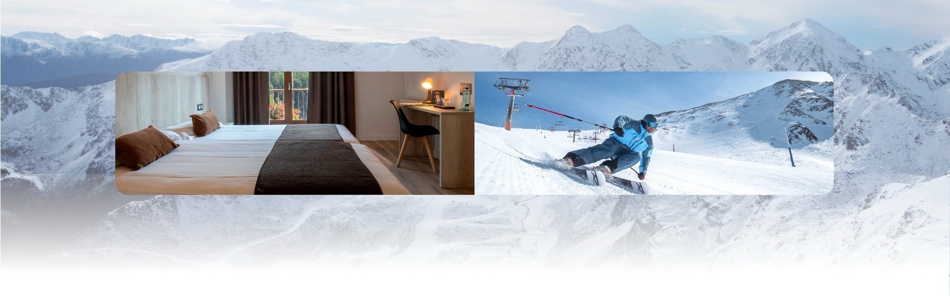 a picture of a hotel room and a picture of a person skiing