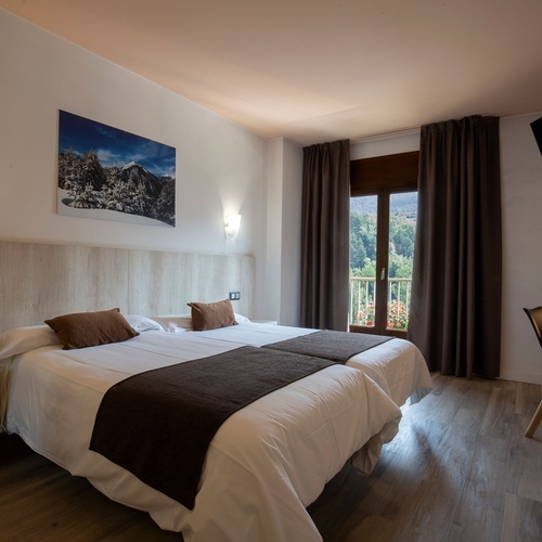 a hotel room with two beds and a television