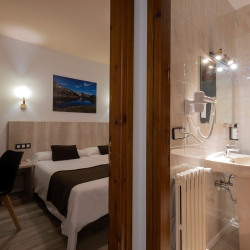 una habitación con una cama y un lavabo en el baño