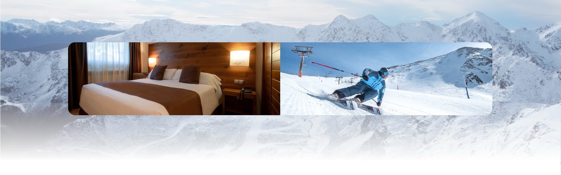 ein Bild eines Bettes neben einem Bild eines Skifahrers