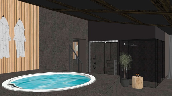 a drawing of a bathroom with a jacuzzi and a shower
