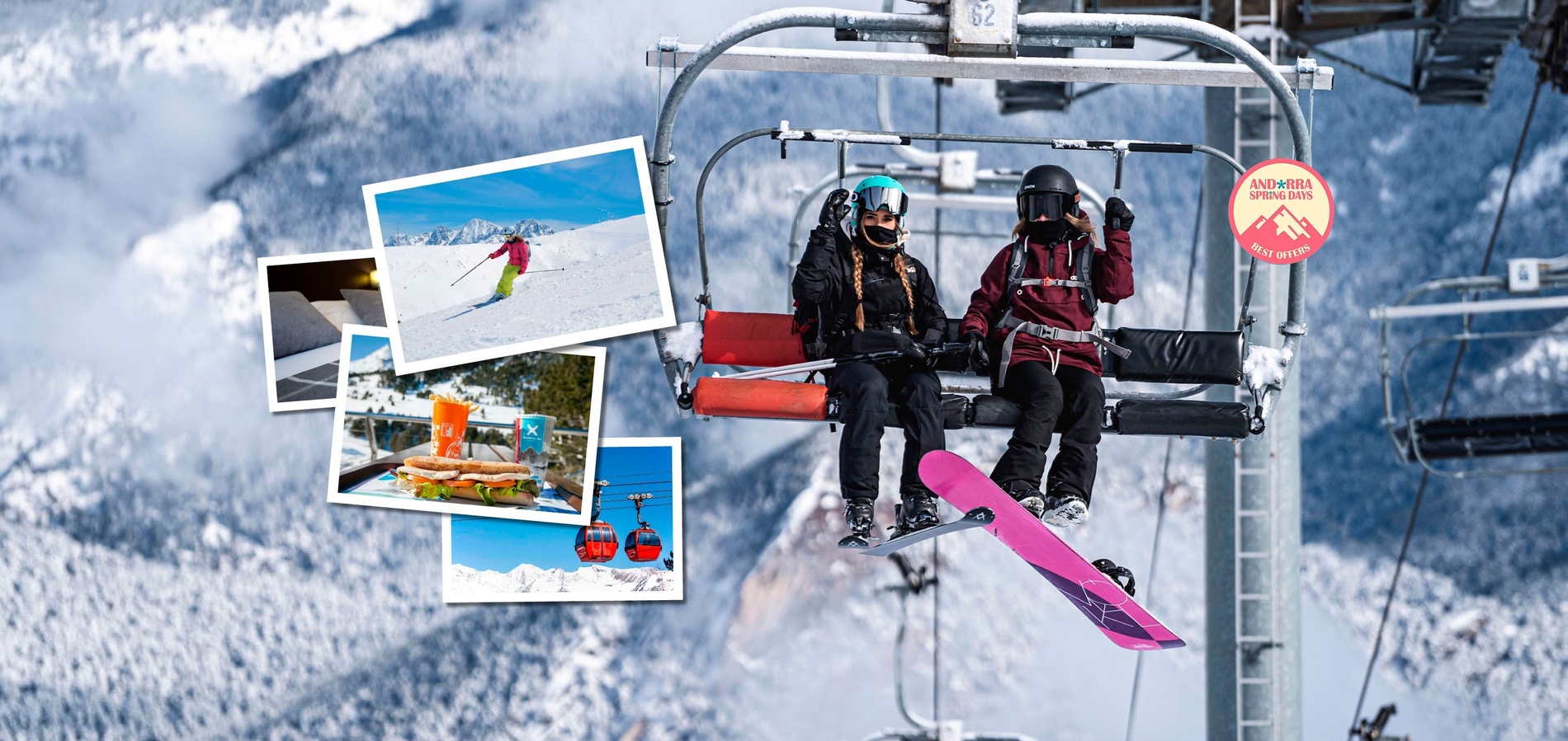 a collage of photos shows people skiing and snowboarding