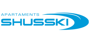 un logotipo azul y blanco para apartamentos shusski