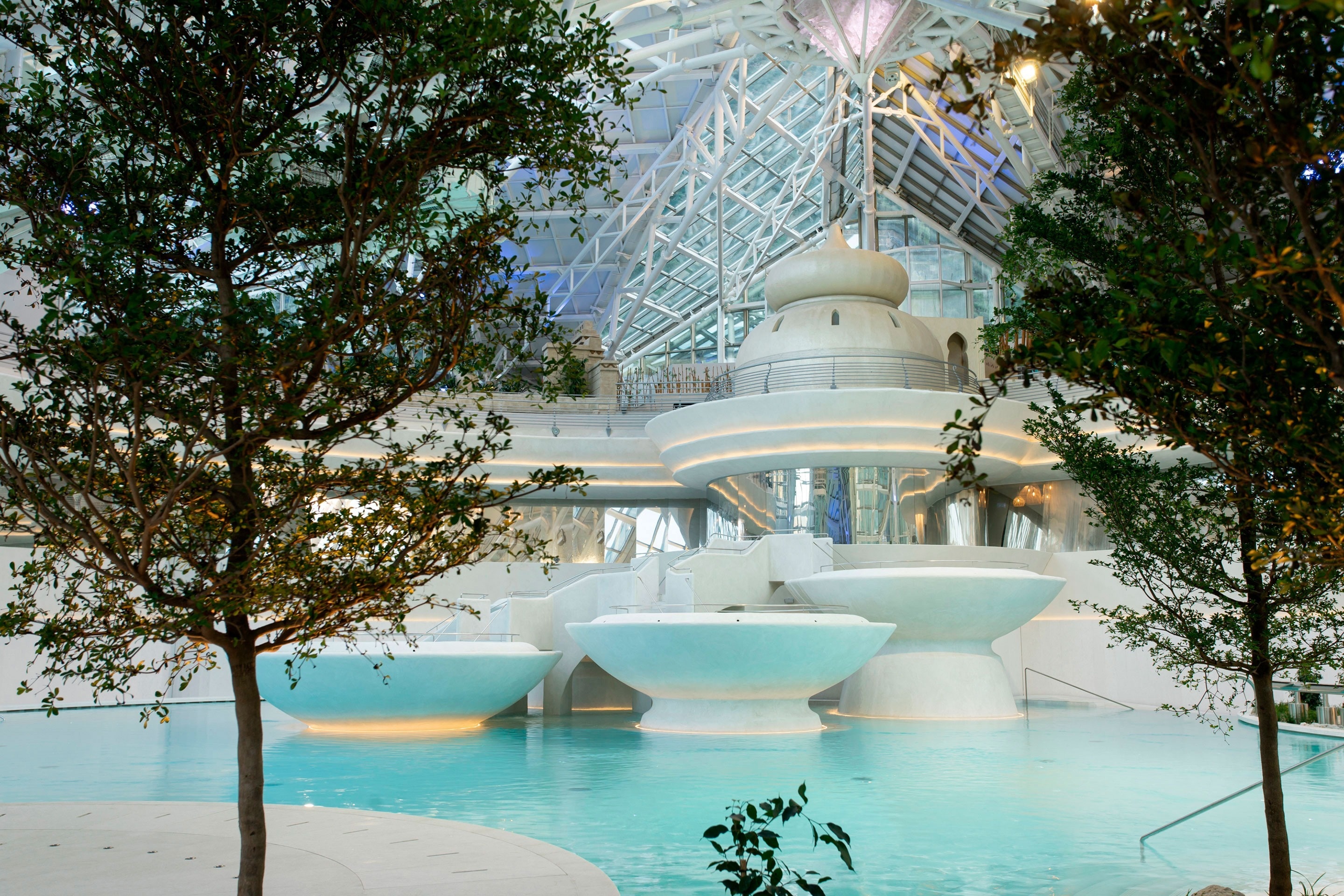 a swimming pool in a building with trees in the foreground