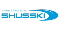 un logotipo azul y blanco para apartamentos shusski