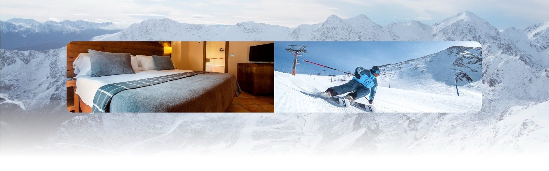 a picture of a hotel room and a picture of a person skiing