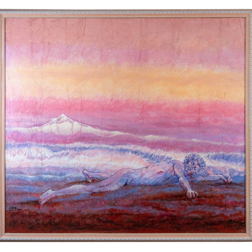 Un affollato gruppo di figure in abiti tradizionali è ritratto in un paesaggio costiero, con alcuni che trasportano frutta e altri che riposano.