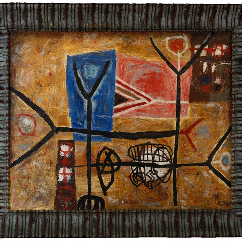 Un affollato gruppo di figure in abiti tradizionali è ritratto in un paesaggio costiero, con alcuni che trasportano frutta e altri che riposano.