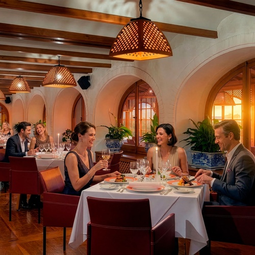 A group of elegantly dressed people are enjoying a meal and lively conversation in a warmly lit restaurant featuring wooden beamed ceilings, decorative lanterns, and arched windows showcasing a golden hour view.