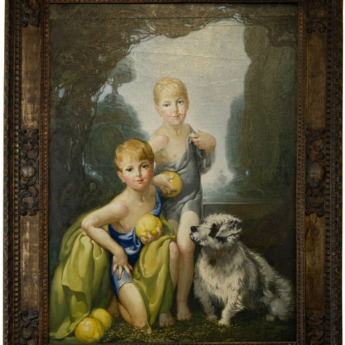 Un affollato gruppo di figure in abiti tradizionali è ritratto in un paesaggio costiero, con alcuni che trasportano frutta e altri che riposano.