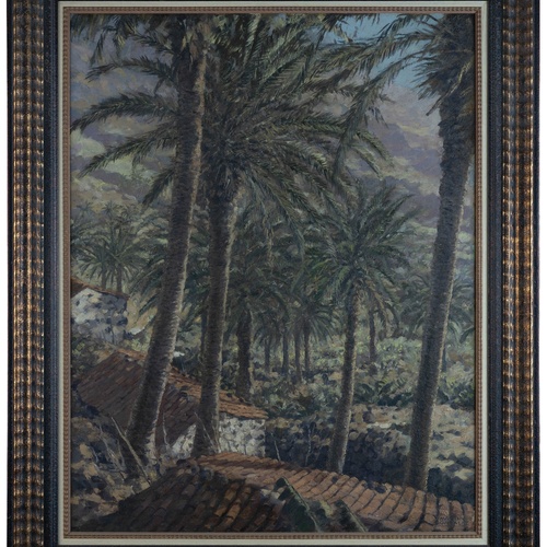 Un affollato gruppo di figure in abiti tradizionali è ritratto in un paesaggio costiero, con alcuni che trasportano frutta e altri che riposano.