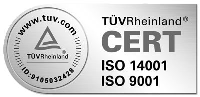 Logotipo de certificación TÜV Rheinland en tonos grises que muestra las certificaciones ISO 14001 e ISO 9001, con el texto "CERT" y una dirección web.