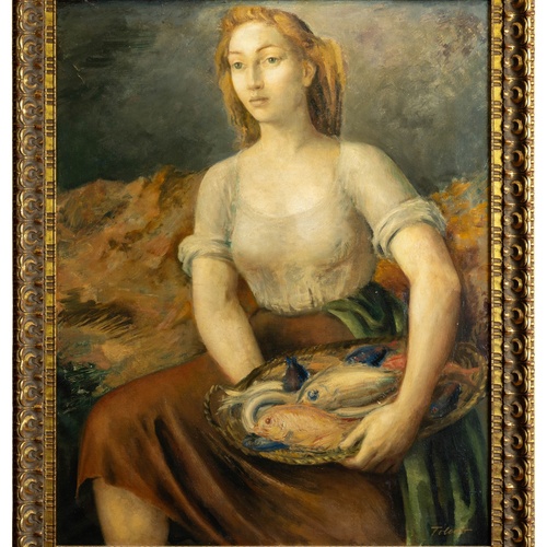 Un affollato gruppo di figure in abiti tradizionali è ritratto in un paesaggio costiero, con alcuni che trasportano frutta e altri che riposano.